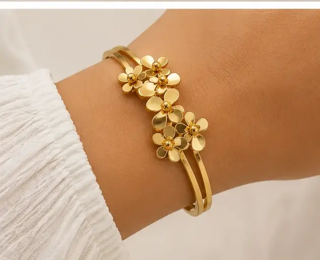 Gold-Tone Stainless Steel Floral Bangle Bracelet